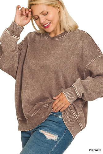 Bowie Acid Wash Oversized Fleece Pullover in Brown