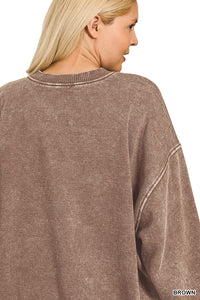 Bowie Acid Wash Oversized Fleece Pullover in Brown