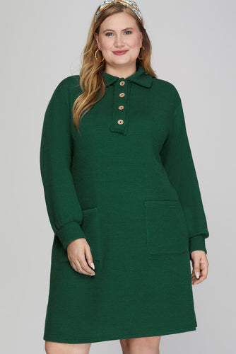 Dia Ribbed Knit Half-Button Dress in Hunter Green