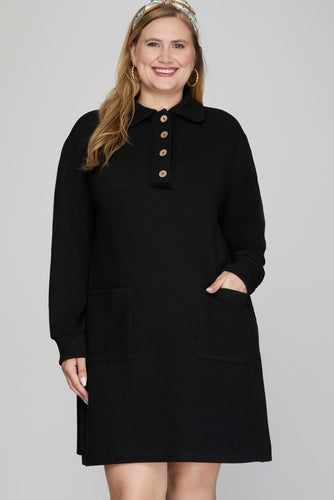 Restocked! Dia Ribbed Knit Half-Button Dress in Black