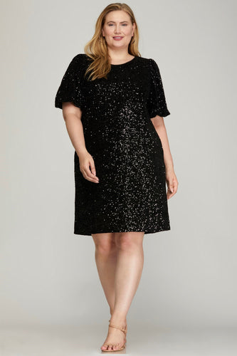 Tess Short Bubble Sleeve Sequin Shift Dress in Black