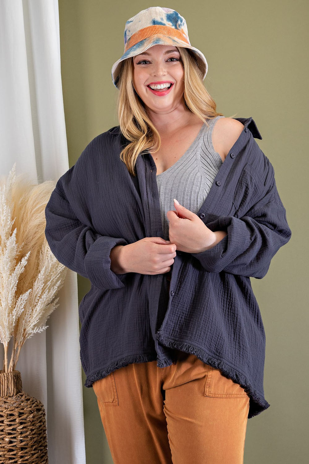 Kelli Oversized Gauze Button Down Top in Charcoal