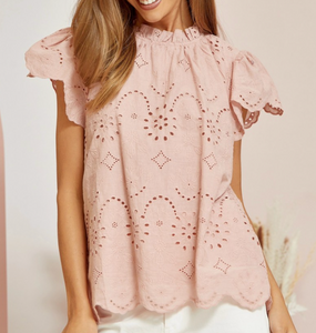 Trina Eyelet Embroidered Flutter Sleeve Top in Mauve