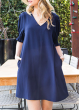 Load image into Gallery viewer, Stella V-Neck Puff Sleeve Dress in Navy