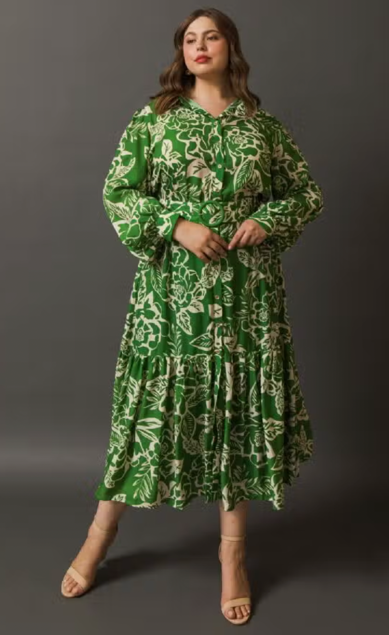 Harper Green Floral Belted Midi Dress