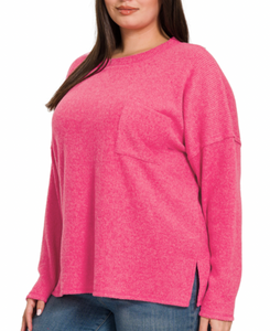 Jenna Ribbed Melange Drop Sleeve Sweater in Fuschia