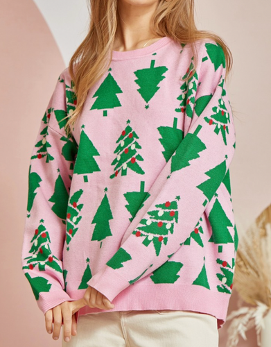 Restocked! Carmen Pink Christmas Tree Sweater