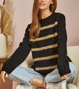 Chandra Black Sweater with Gold Tinsel Stripes