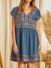 Load image into Gallery viewer, Ryan Embroidered Babydoll Dress in Denim Blue