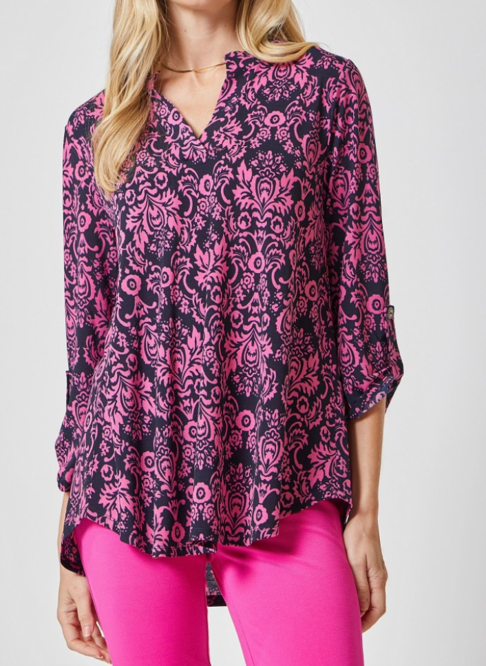 Restocked! Tara Wrinkle Free Navy and Pink Lizzy Top