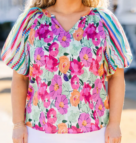 Cece Mixed Print Puff Sleeve Top