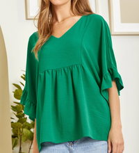 Load image into Gallery viewer, Sonja Ruffle Sleeve Babydoll Top in Emerald Green