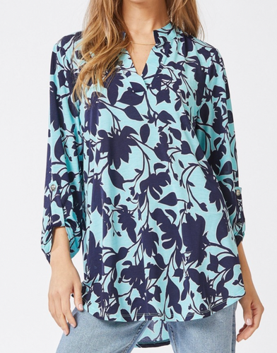 Tara Wrinkle Free Mint and Navy Top