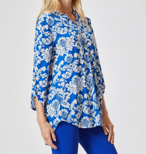 Tara Wrinkle Free Royal Blue and White Floral Top