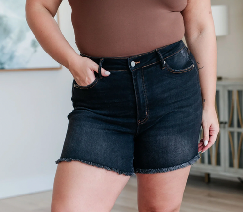 Black Mid-Rise Garment Dyed Shorts