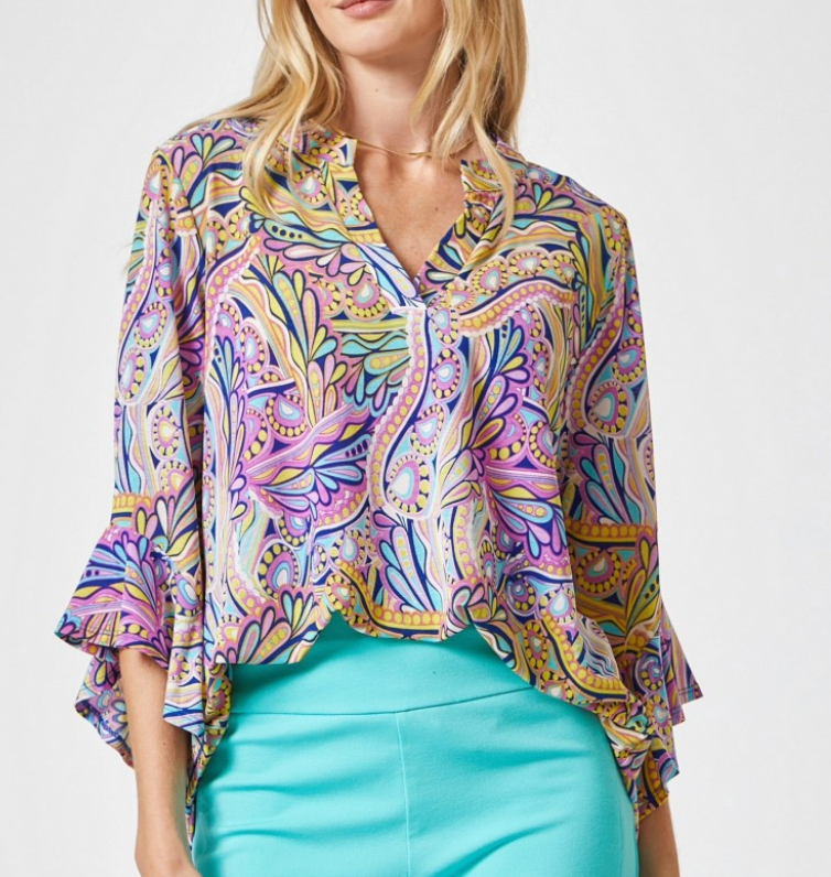 Restocked! Faith Wrinkle Free Lavender Mixed Print Bell Sleeve Top