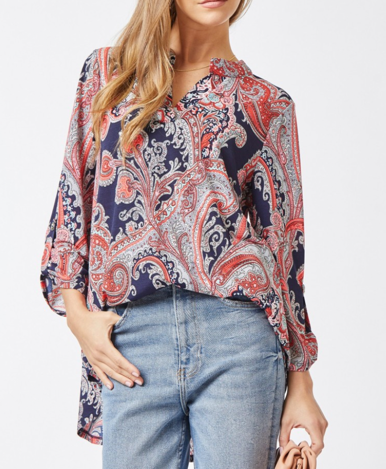 Restocked! Wrinkle Free Navy Paisley Lizzy Top