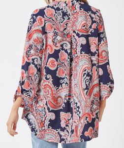 Restocked! Wrinkle Free Navy Paisley Lizzy Top