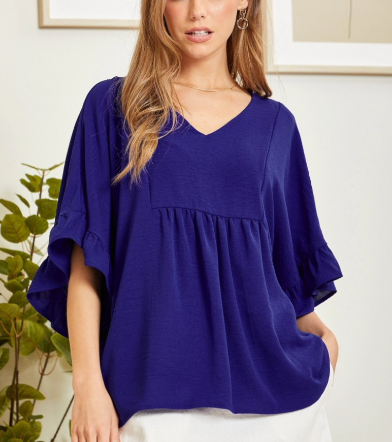 Sonja Ruffle Sleeve Babydoll Top in Royal Blue