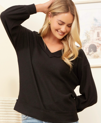 Jessie Ribbed V-Neck Top in Black