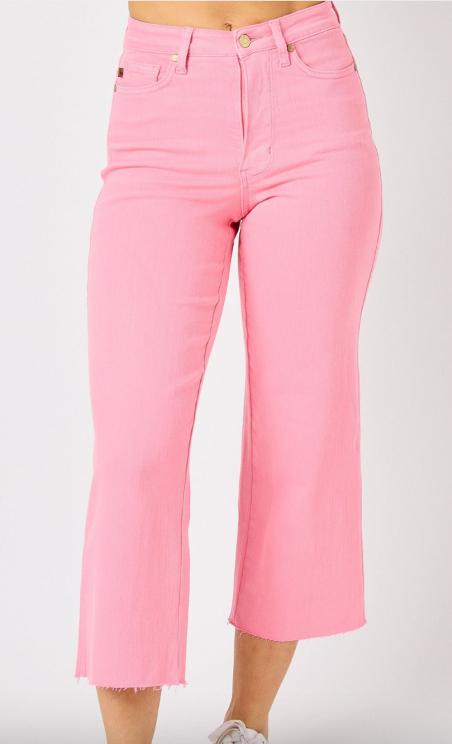 Tummy Control Wide Leg Cropped Jeans in Pink