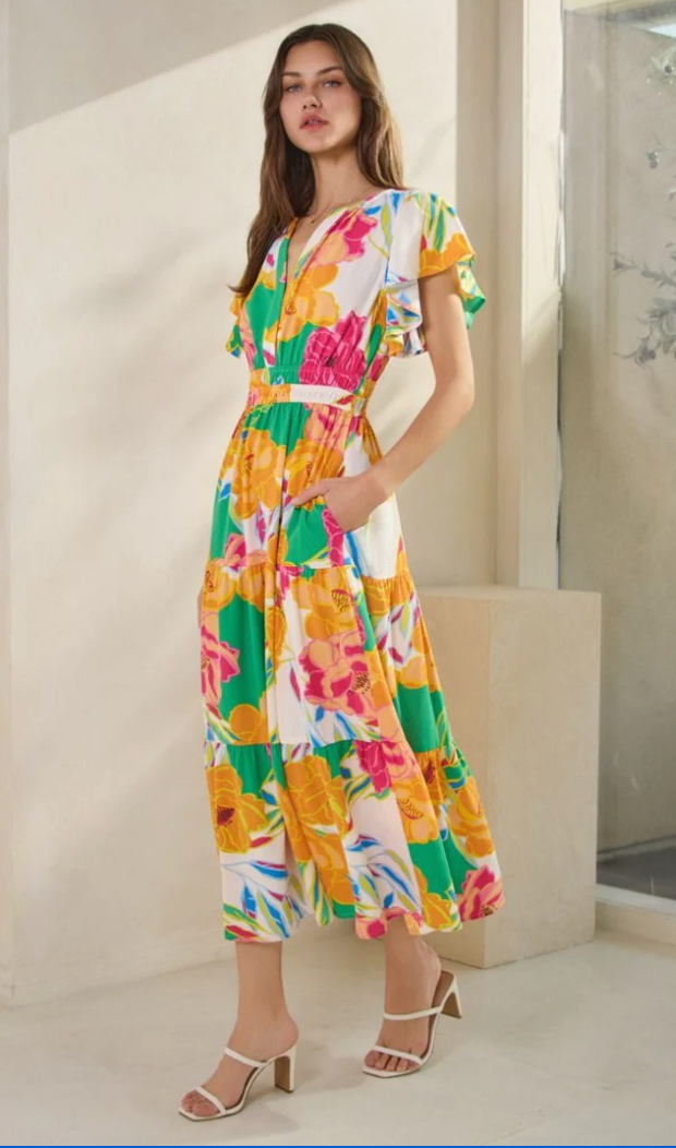 Brynn Floral Print Tiered Midi Dress