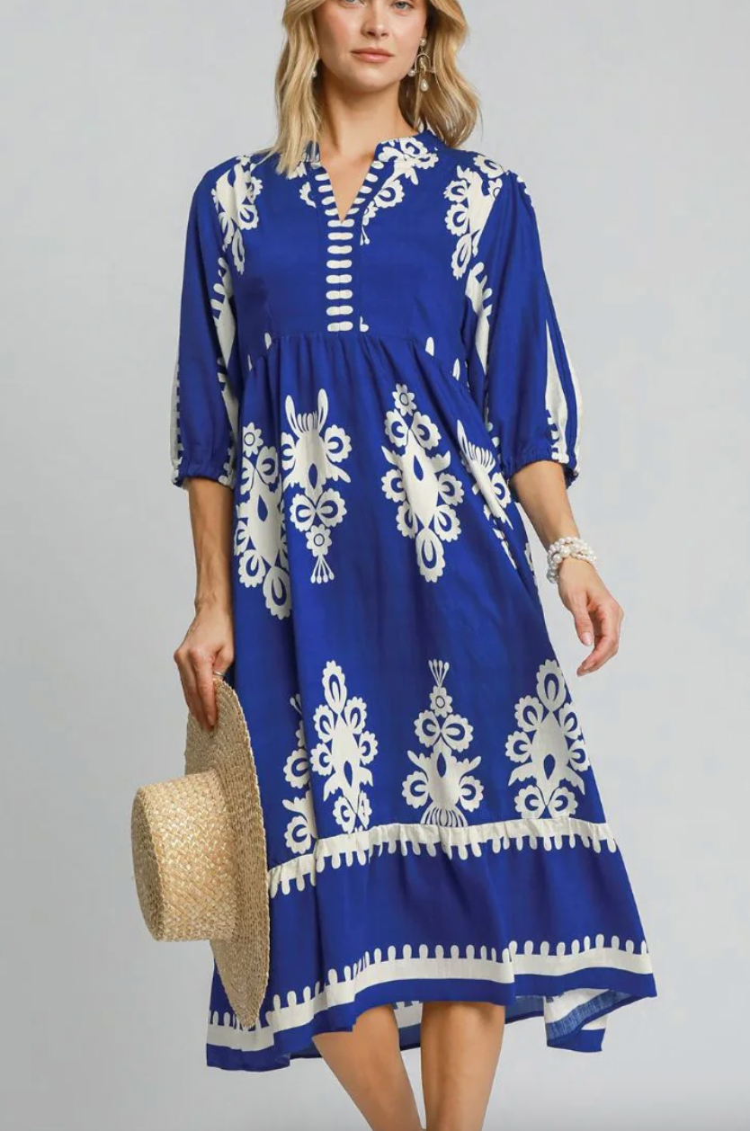 Eva Royal Blue 3/4 Sleeve Midi Dress
