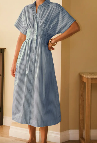 Milie Pin Striped Cotton Poplin Midi Shirt Dress in Blue