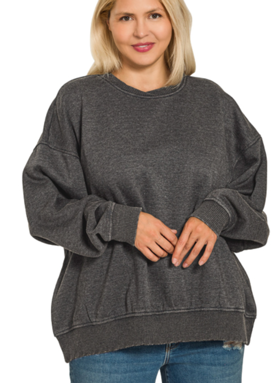 Bowie Acid Wash Oversized Fleece Pullover in Black