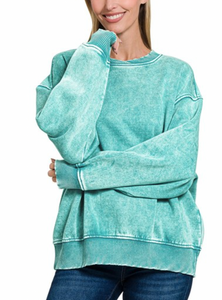 Bowie Acid Wash Oversized Fleece Pullover in Light Teal