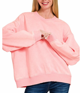 Bowie Acid Wash Oversized Fleece Pullover in Rose