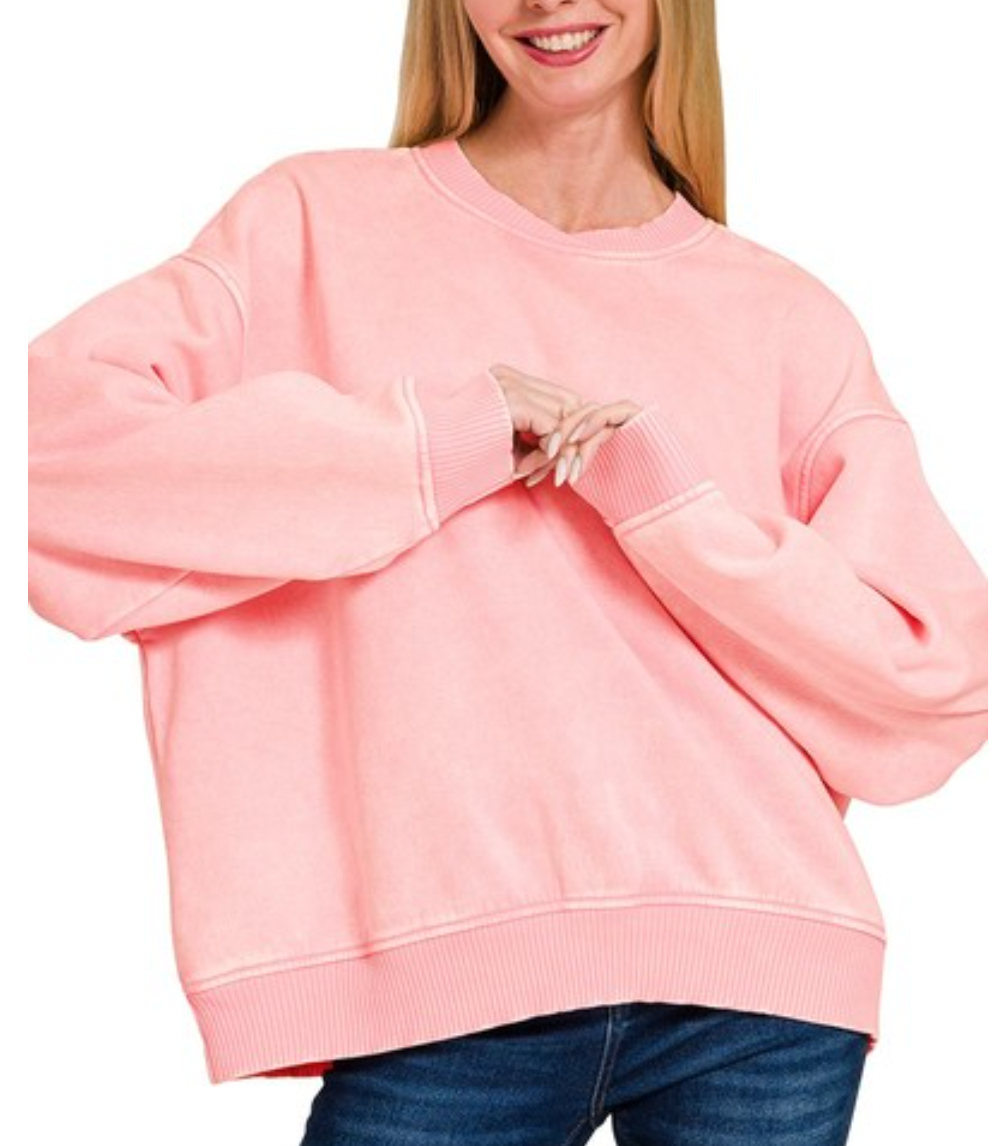 Bowie Acid Wash Oversized Fleece Pullover in Rose