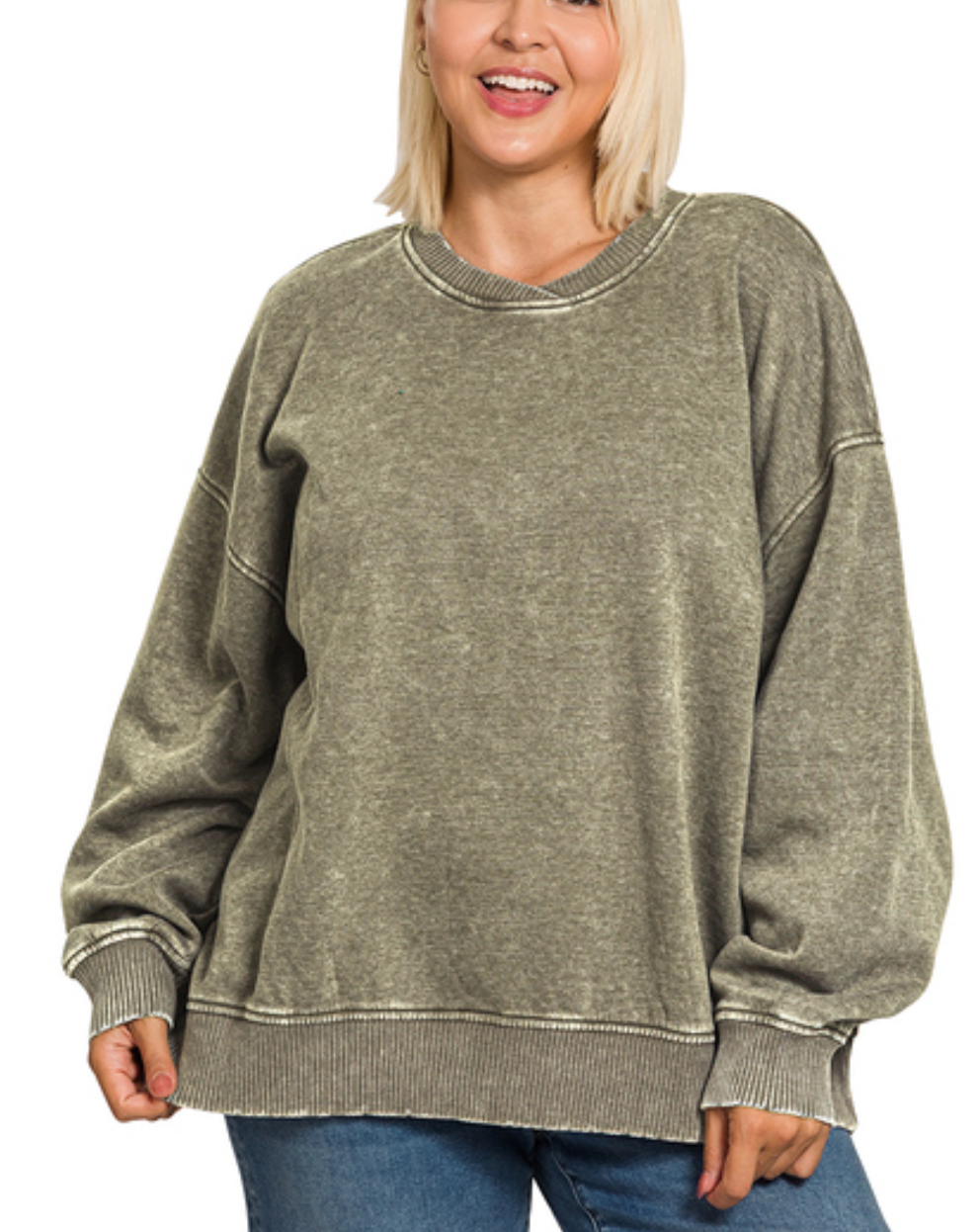 Bowie Acid Wash Oversized Fleece Pullover in Dark Olive