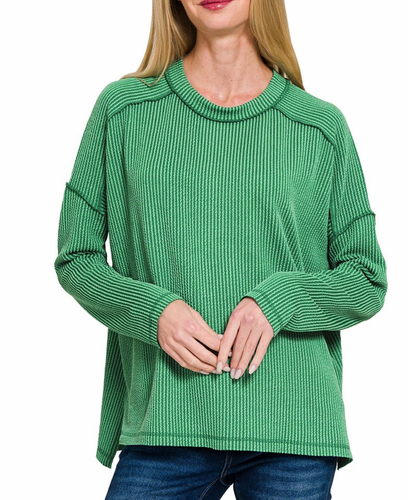 Carson Ribbed Long Sleeve Top in Forest Green