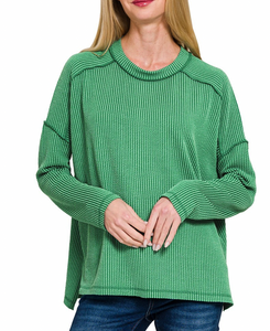Carson Ribbed Long Sleeve Top in Forest Green