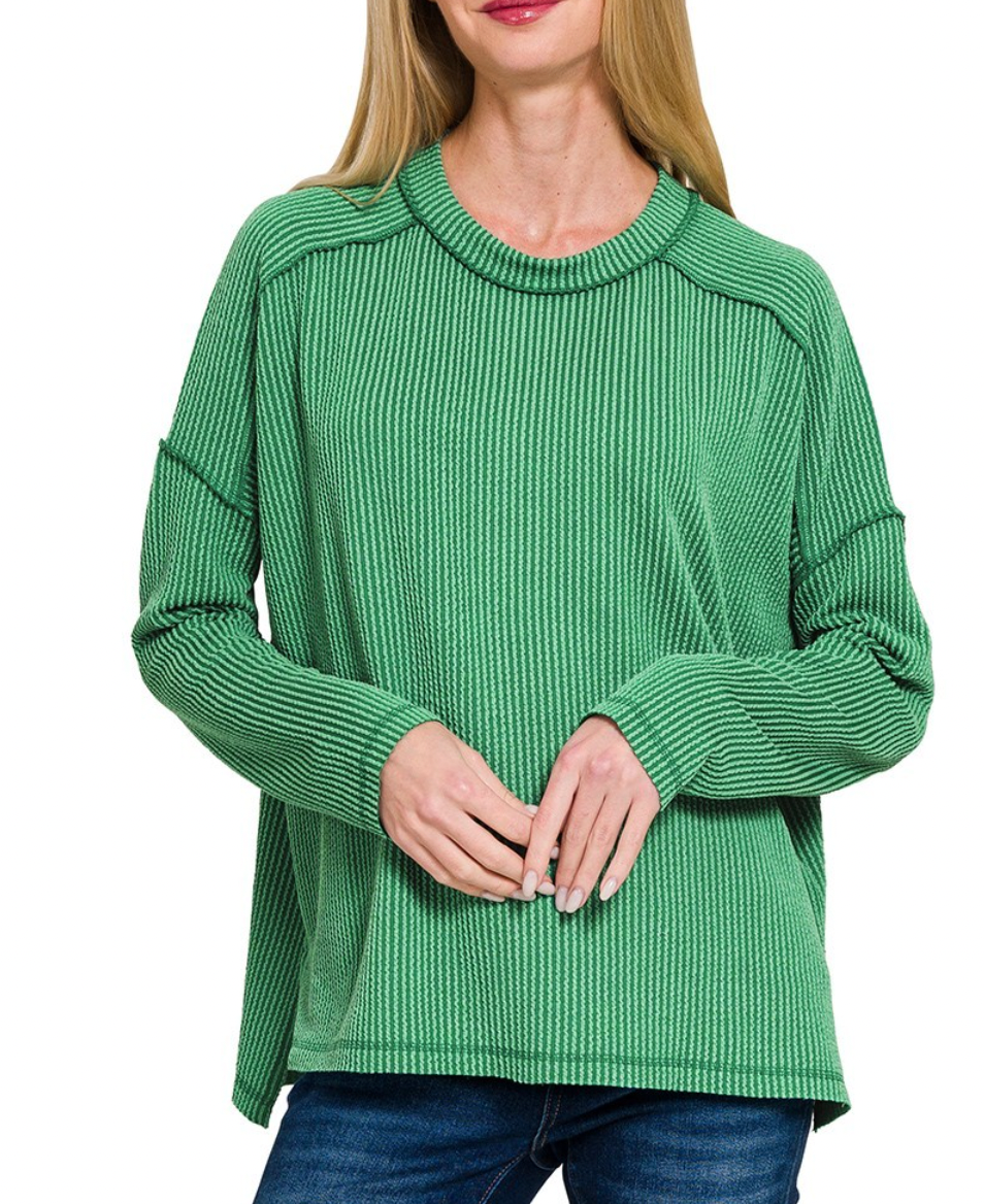 Carson Ribbed Long Sleeve Top in Forest Green