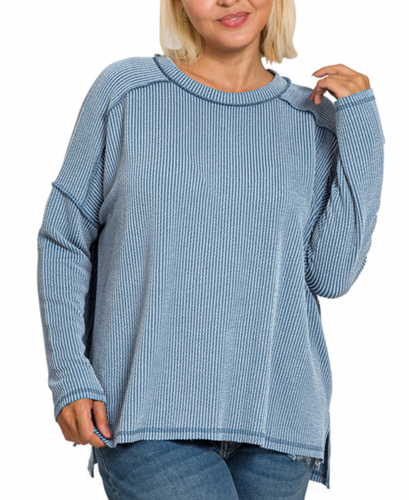 Carson Ribbed Long Sleeve Top in Dusty Blue