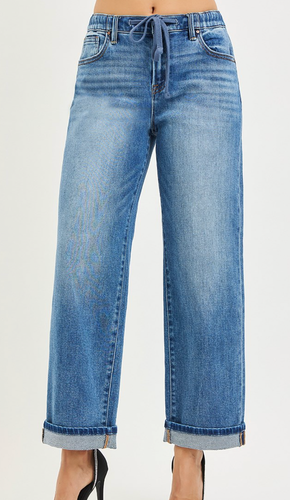 Elastic Band Cuffed Hem Boyfriend Jeans