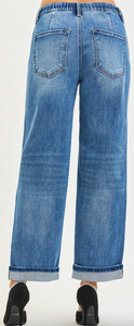 Elastic Band Cuffed Hem Boyfriend Jeans