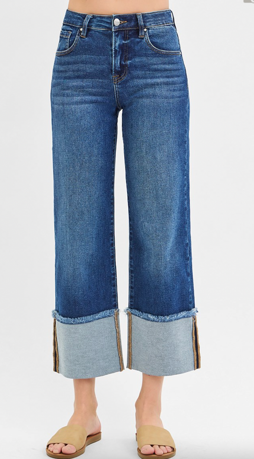 Mid Rise Cropped Wide Cuffed Jeans
