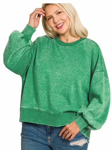 Taylor Acid Wash Oversized Cropped Fleece Pullover in Green