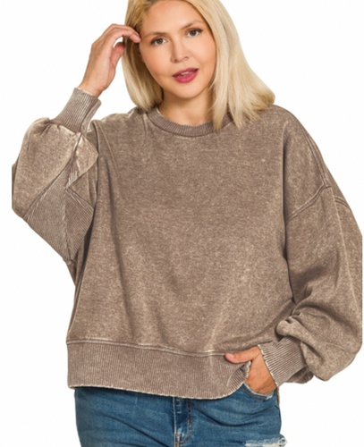 Taylor Acid Wash Oversized Cropped Fleece Pullover in Mocha