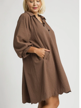 Load image into Gallery viewer, Kayce Bubble Sleeve Scalloped Dress in Chocolate