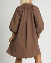 Load image into Gallery viewer, Kayce Bubble Sleeve Scalloped Dress in Chocolate