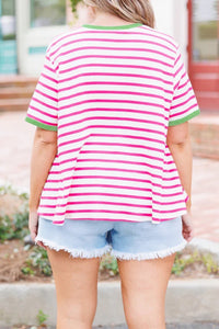 Selena Pink and White Striped Green Trim Top