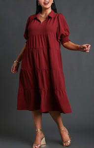 Edie Collared Tiered Dress in Wine