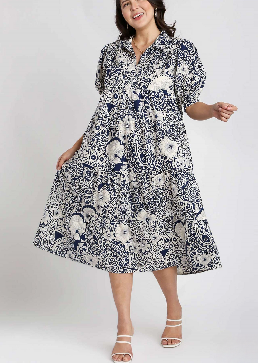 Cera Navy Floral Print Midi Dress