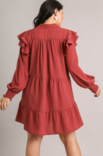 Load image into Gallery viewer, Janie Tiered Ruffle Long Sleeve Dress in Rust