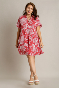 Mollie Mixed Print Tiered Dress in Coral Pink Mix