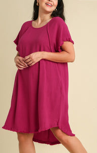 Caroline Linen Fray Pocket Dress in Ruby